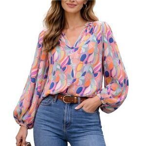 Vision USA Floral Boho Psychedelic Dopamine Blouse Balloon Sleeves Multicolor XL